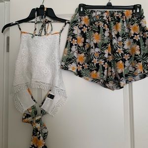 SHEIN white crop top with floral ties and matching shirts, size medium